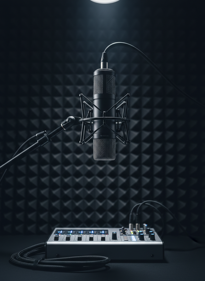 A sleek, high-end studio microphone suspended in front of a dark, textured acoustic panel, its matte black metal body and fine mesh grille rendered with meticulous detail. Coiled audio cables snake into a minimalist mixing console below, with small indicator lights glowing softly. The scene is lit by a single, cool, overhead spotlight that carves out dramatic highlights along the microphone’s contours and leaves the background in subtle shadow. Captured in cinematic, photographic realism from a slightly low angle, the composition centers the microphone with a shallow depth of field, suggesting serious, investigative audio work and a premium, sophisticated podcast production environment.