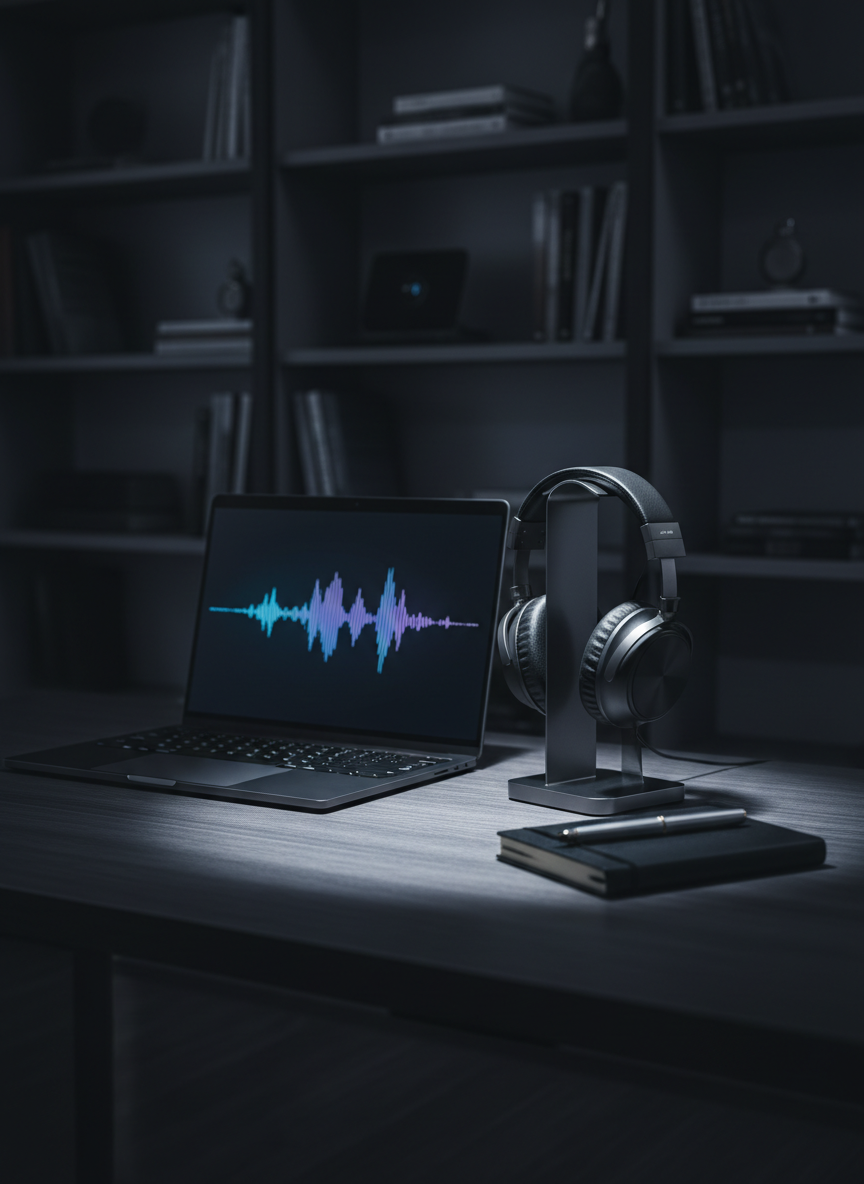 Podcast research desk setup